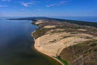 Aerial drone view of Curonian Spit national park in Lithuania