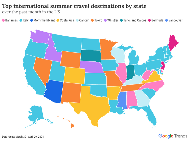 A map of the US states, showing the top vacation destinations according to based on a color map.
