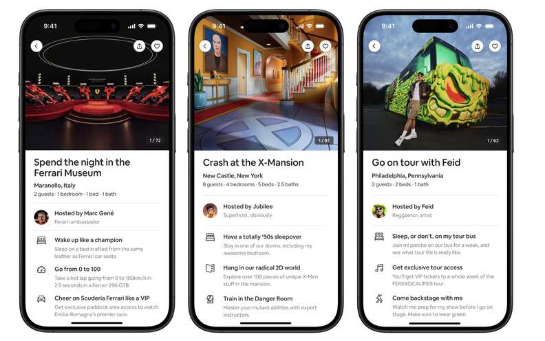 Image of three different Airbnb Icons experiences, displayed on the Airbnb mobile app.