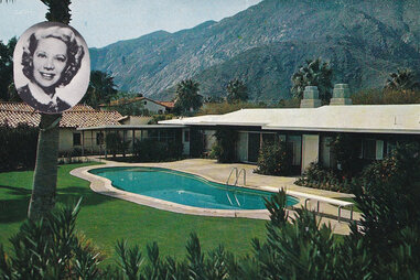 Vintage souvenir postcard published in 1956 from series depicting Hollywood movie star homes, mansions and grand Los Angeles estates, here a portrait of singer Dinah Shore and her expansive Palm Springs ranch house with swimming pool