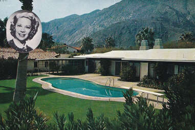 Vintage souvenir postcard published in 1956 from series depicting Hollywood movie star homes, mansions and grand Los Angeles estates, here a portrait of singer Dinah Shore and her expansive Palm Springs ranch house with swimming pool 