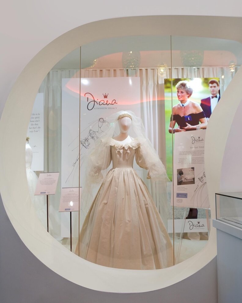 A photo of the wedding gown Princess Diana wore to marry then-Prince Charles, on exhibition at the museum.