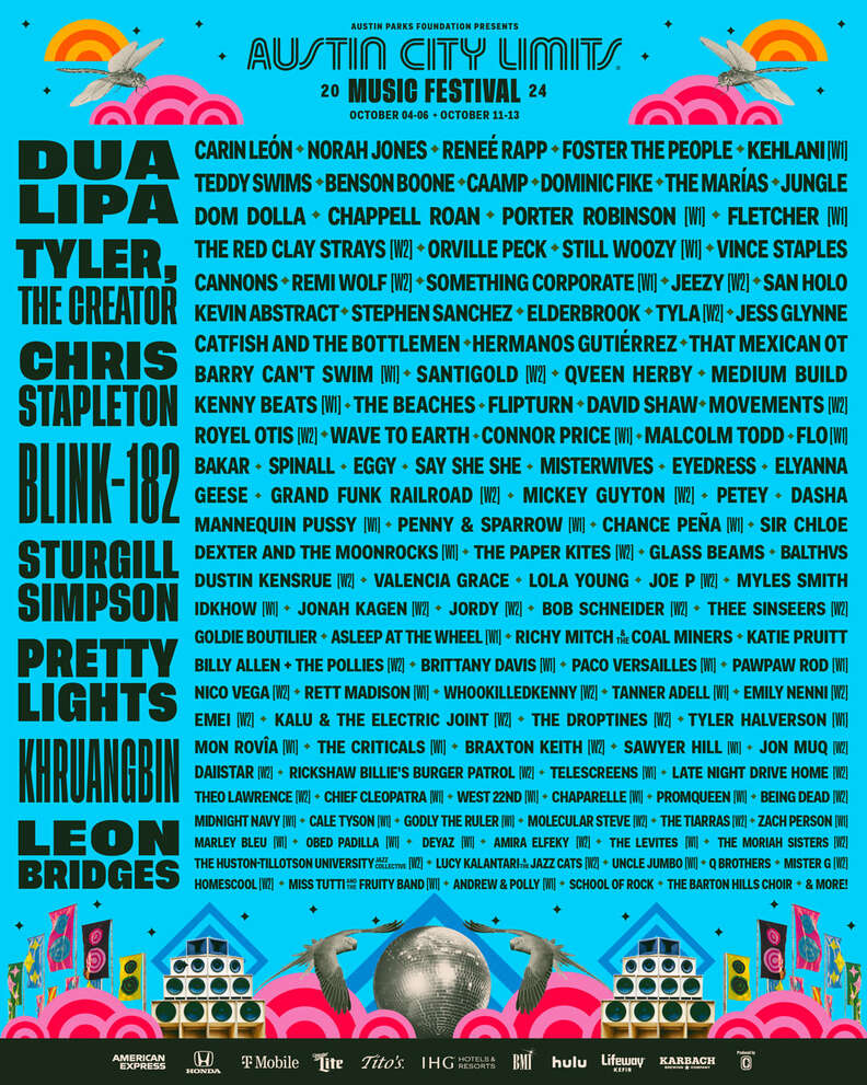 A music festival poster showing the complete lineup for the 2024 Austin City Limits music festival. 