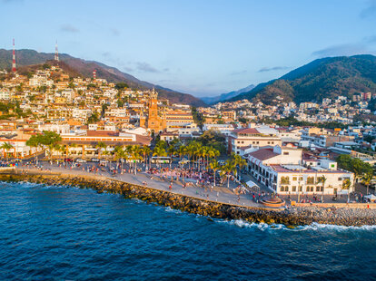 An aerial view of the downtown and church in Puerto Vallarta, Mexico.