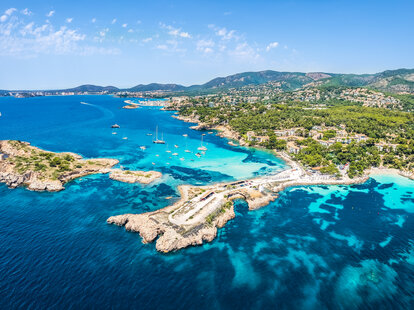 Aerial view of the sea coastline and Cala Xinxell, Illetas, Mallorca island, Spain