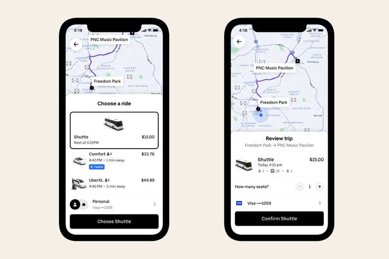 Screens of the new Uber Shuttle feature, which will offer low prices for $15.