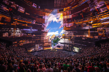 A photo showing the visually trippy stage settings during Dead and Company&rsquo;s first performance at The Sphere.