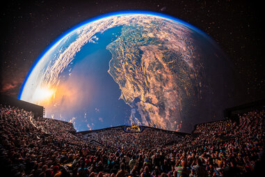 A photo showing the visually trippy stage settings during Dead and Company&rsquo;s first performance at The Sphere.