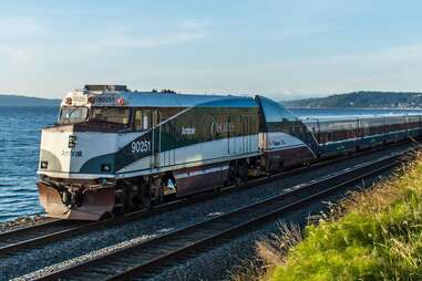 Cascade Amtrak train by the puget sound