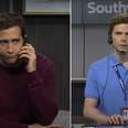 Jake Gyllenhaal and Mikey Day in the Canceling a Flight sketch on the Season 49 finale of Saturday Night Live. 