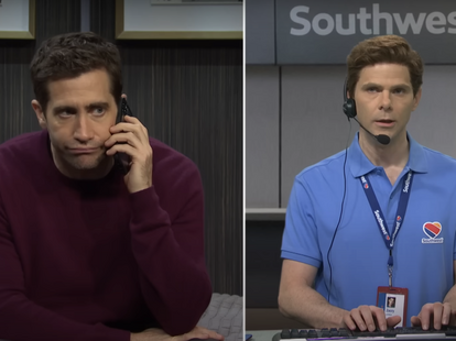 Jake Gyllenhaal and Mikey Day in the Canceling a Flight sketch on the Season 49 finale of Saturday Night Live.
