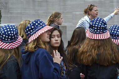 students in hats waiting for National Air and Space Museum in washington dc