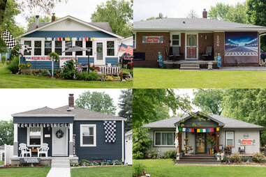 four houses decked out in car racing paraphernalia