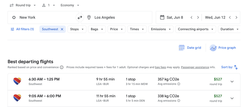 Southwest flight prices on Google Flights
