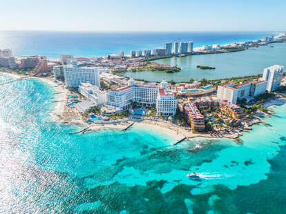 An aerial view of Cancun, Quintana Roo, Mexico, showing the turquoise waters.