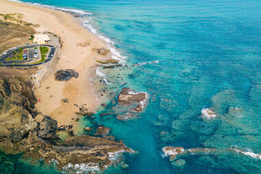 aerial view of porto santo island blue water and beach