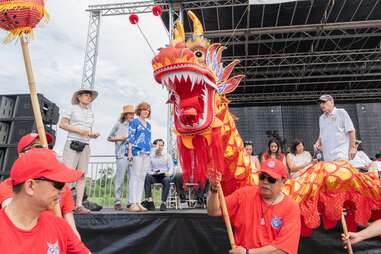 A dragon at the Hong Kong Dragon Boat Festival opening ceremony at Flushing Meadows Park in New York on August 12, 2023