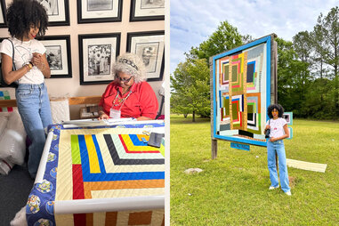woman watching another woman stitch a quilt