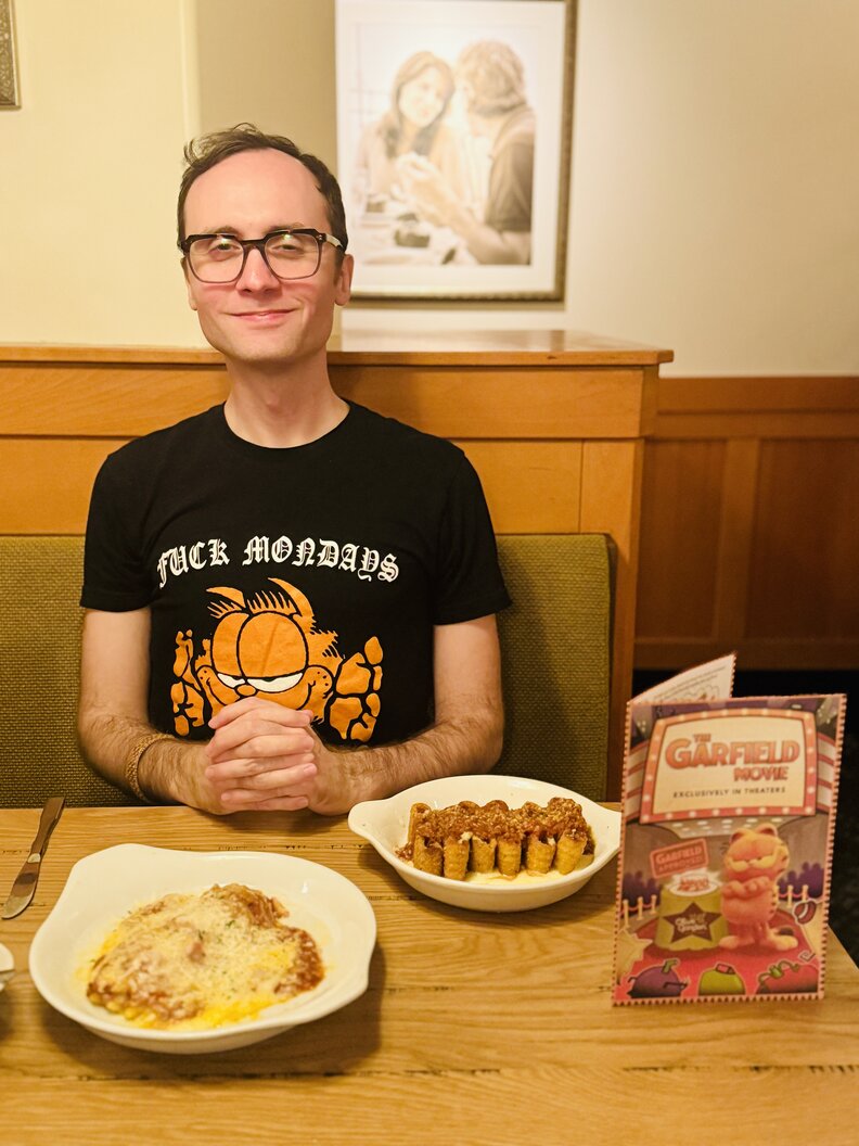 Joey Clift enjoying a Garfield-themed meal