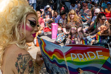 Austin, Tx drag queen Brigitte Bandit reads a book during a drag time story hour 