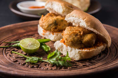 Vada Pav Bread bun Filled with Deep Fried Potato Dumpling with Sauce