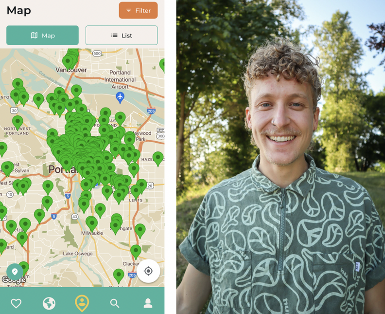 everywhere is queer app screenshot and founder charlie sprinkman headshot
