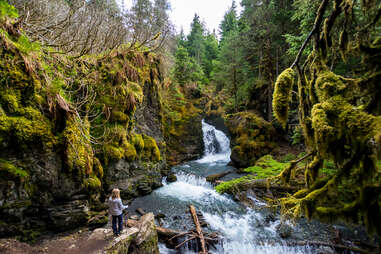 Woman looking Virgin creek waterfalls in the Chugach National Forest, Alaska