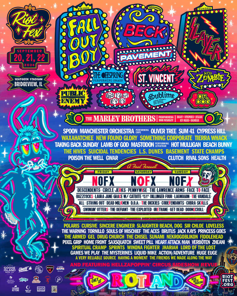 An animated poster of the Riot Fest Riotland 2024 lineup. 