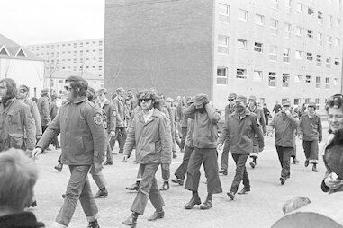 Masked members of the Ulster Defence Association (UDA), a loyalist paramilitary organization, parade on the Shankill Road, Belfast, 14th October 1972.