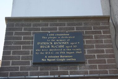 Plaque on Divis Tower, Divis Street, Belfast, Northern Ireland, May 2011.