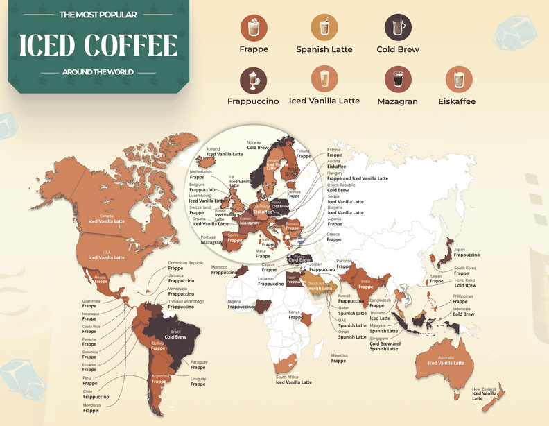 A map of the world, showing the most popular iced coffee order in different countries.