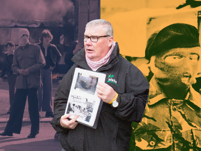 Coiste guide Peadar Whelan in front of a designed background showing the conflict of West Belfast during the troubles.