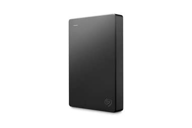 A photo of a small, square, black portable hard drive. 