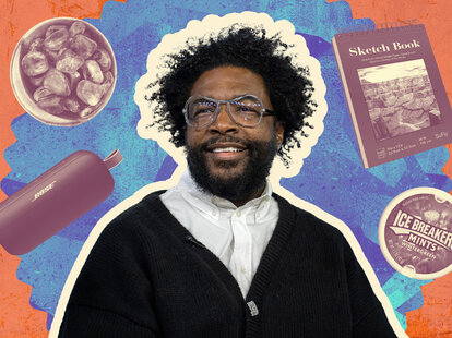 A collage of Questlove and some of his travel essentials.