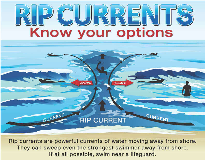 A chart explain how a rip current is shaped and how to swim out of it. 