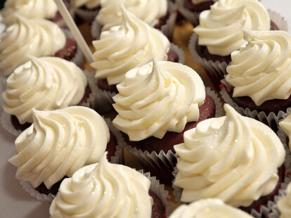 Full frame View of a Cupcake Stand with Chocolate Vanilla Buttercream Icing Cupcakes