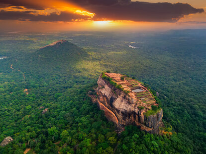Aerial view of Sigiriya rock at sunset in Sri Lanka.