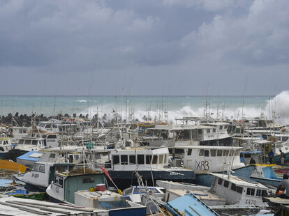 Damaged fishing boats pile up against each other after Hurricane Beryl at the Bridgetown Fish Market, Bridgetown, Barbados.