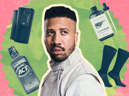 A portrait of Miles Chamley-Watson surrounded in a collage by some of his packing essential.