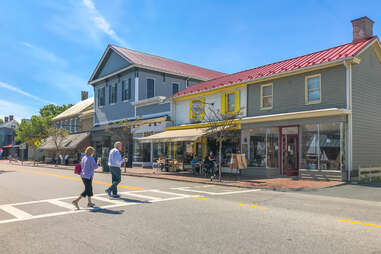 Street scape view of shops and restaurants in the historic downtown of St. Michaels