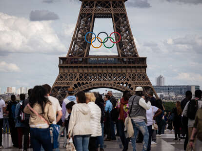 Giant rings are being installed on the Eiffel Tower in Paris, France, on June 14, 2024