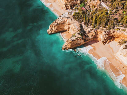 Amazing Drone Shot of Praia da Marinha, Praia do Buraco and Praia do Pau of the Beautiful Algarve Coastline near Benagil Caves, Portugal