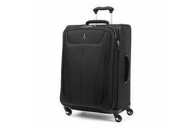 A black medium sized soft-sided TravelPro suitcase.