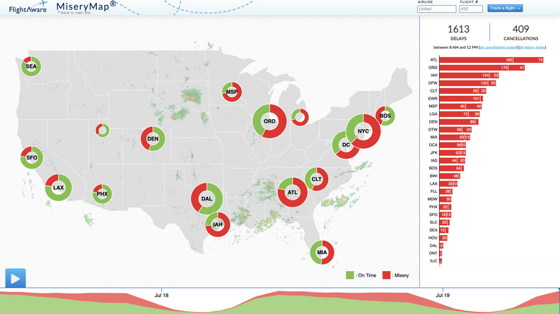 A map showing the cancellations and delays caused by the Microsoft outage.