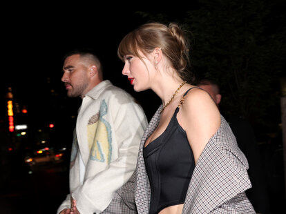 Travis Kelce and Taylor Swift attend CATCH Steak on October 14, 2023 in New York City.