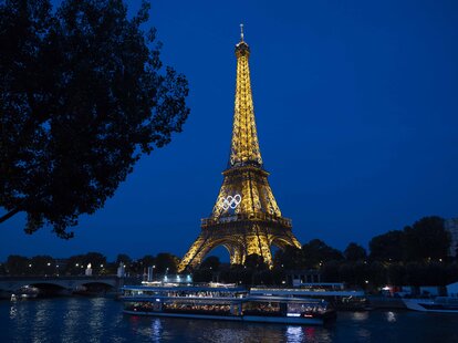 Eiffel tower is seen during twilight on July 17, 2024 in Paris, France.