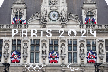 A general view of the facade of the Hotel de Ville decorated for the Olympic Games on July 22, 2024 in Paris, France.