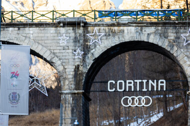 A view of the banner advertising the upcming Olympic and Paralympic Winter Games - Milano Cortina 2026, in Cortina d’Ampezzo, Italy.