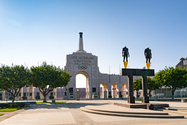 General views of the Los Angeles Memorial Coliseum, home of the USC Trojans and the 2028 Summer Olympics, and the former home of the Los Angeles Rams on October 09, 2020 in Los Angeles, California.