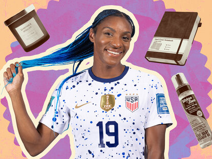 A collage featuring Crystal Dunn and some of her travel products.
